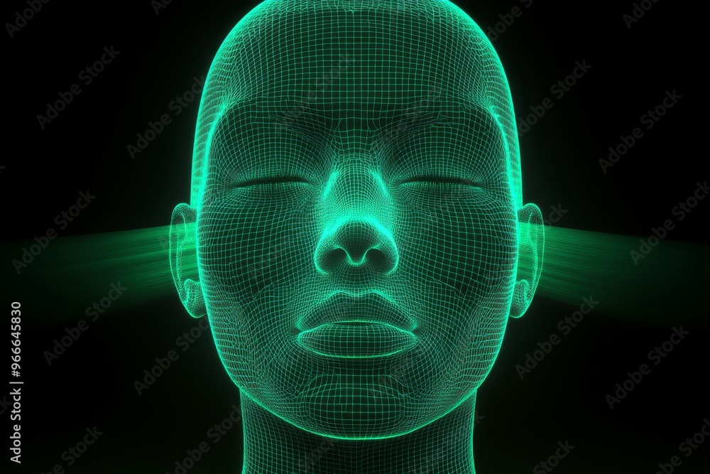 Poster bioinformatics neurosecretion and human computer interface digital green head with glowing grid patt