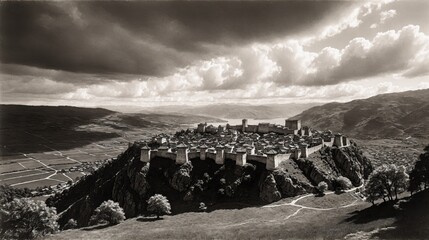 generative ai, Historic Hillside Fortress Overlooking Valley with Dramatic Sky