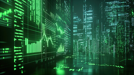 Green stock market chart and trading data in the dark, cyberpunk style