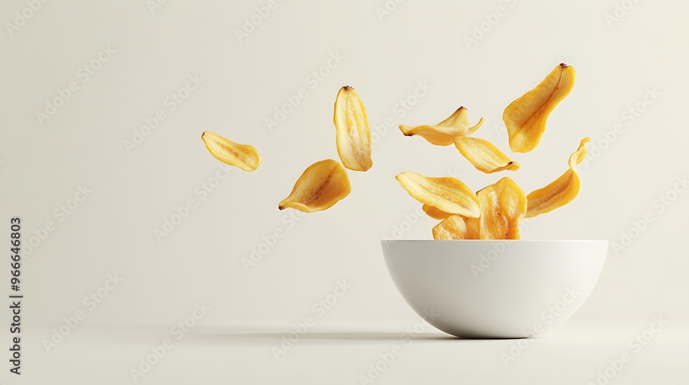 Poster crispy dried banana chips cascading into porcelain bowl minimalistic 3d render with high detail and 