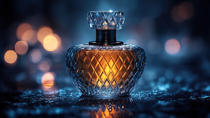 perfume bottle, geometric design, dark background, mysterious, mystical, stunning,