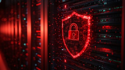 Close-up of a red shield with a padlock symbol on a server background, representing cybersecurity, data protection, and digital safety.
