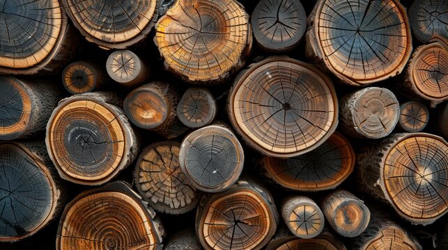 Close-up of a stack of wood logs showing the tree rings.