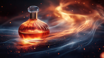 perfume bottle, geometric design, dark background, mysterious, mystical, stunning,