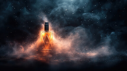 perfume bottle, geometric design, dark background, mysterious, mystical, stunning,