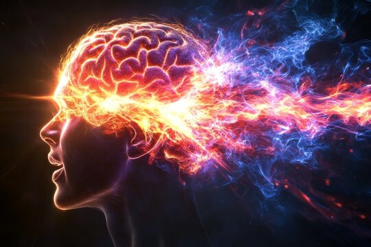 Computational neuroscience quantum cognition and brain machine interface fiery brain with energy streams visualizing neural activity cognitive function and mental power
