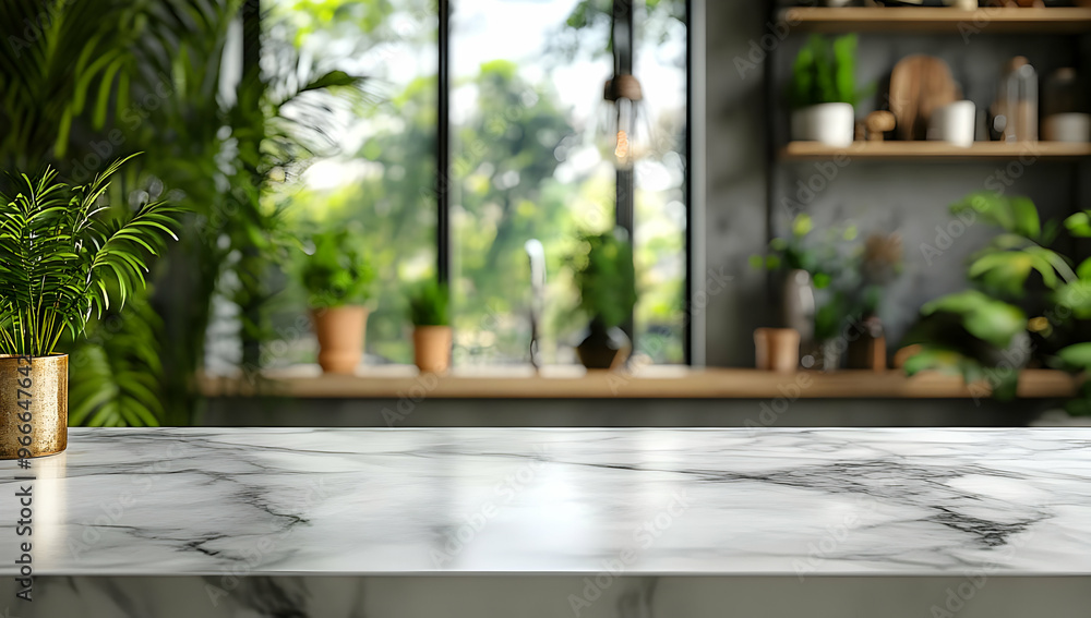 Poster a stylish marble surface with lush greenery in the background, creating a serene and inviting indoor