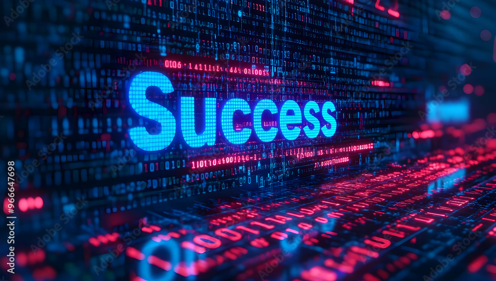 Poster a vibrant digital representation of success, featuring glowing text against a data-driven background