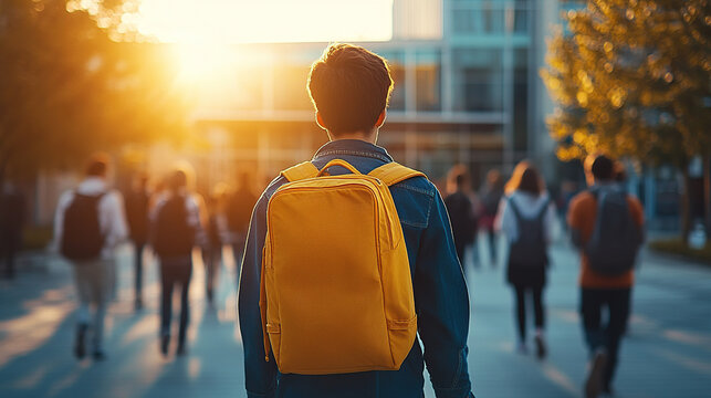 A high school student on campus wears a yellow backpack and faces away from the camera