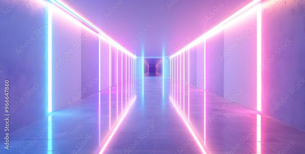 Poster futuristic corridor illuminated with vibrant neon lights in pink and blue, creating a captivating vi