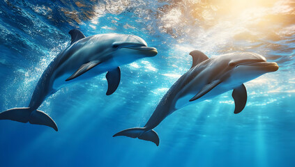 Fototapeta premium Two dolphins gracefully swim underwater, showcasing their beauty in a vibrant ocean environment with sunlight breaking through the surface.