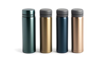 Three Metal Thermos Flasks with Matte Finish on White Background