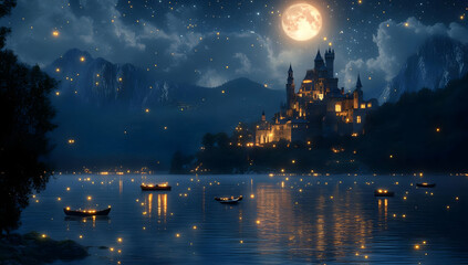 Enchanting night scene of a castle illuminated by moonlight, with shimmering stars reflected on a tranquil lake.