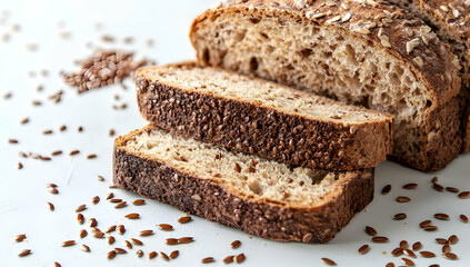 Freshly baked bread slices with seeds on a rustic table, perfect for healthy meals and snacks.