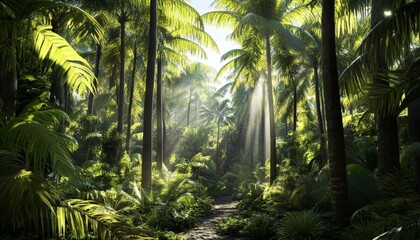 Naklejka premium Sunlight Beams Through Lush Tropical Jungle.