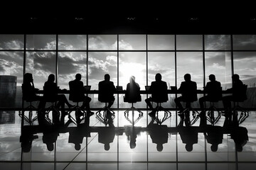 A silhouette of business professionals engaged in a meeting with a stunning sunset in the background.