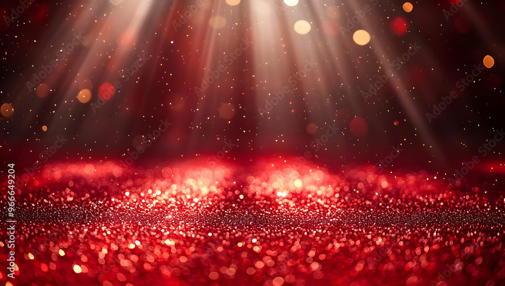 Poster a stunning display of red glitter with soft light beams illuminating the texture, creating a magical
