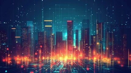 Fototapeta premium Futuristic city skyline with abstract lights and digital effects, showcasing modern architecture and vibrant technology.