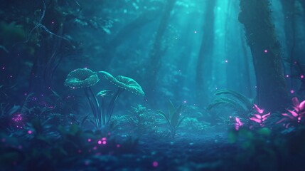 Fototapeta premium Mysterious blue forest with glowing plants and ethereal light.