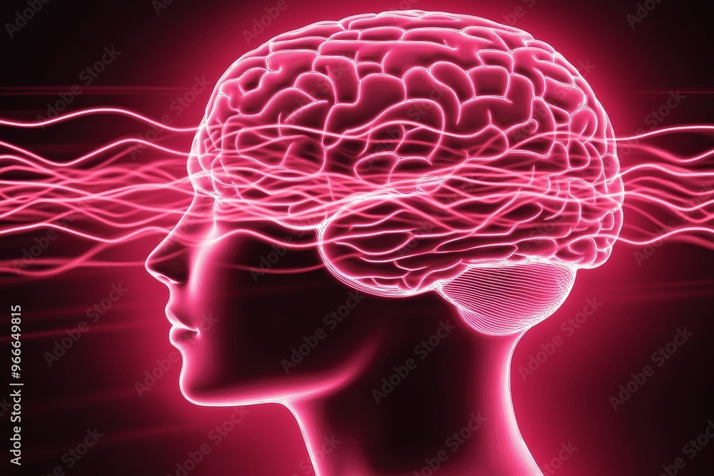 Poster neuroprosthetics neuroarchitecture and neural entrainment brain illuminated with neon lights represe