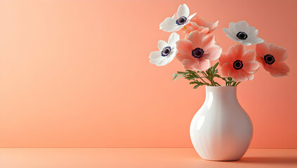 A beautiful arrangement of peach and white flowers in a sleek white vase against a soft coral backdrop, perfect for home decor.