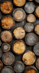 A collection of wooden logs arranged in an artistic pattern, showcasing natural textures and earthy tones for decorative purposes.