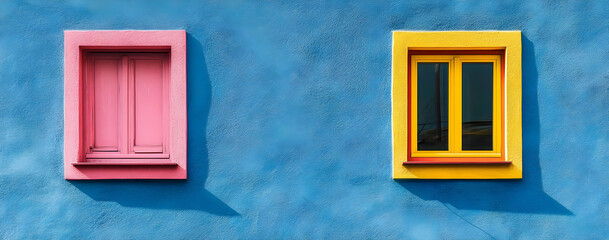 Fototapeta premium Vibrant windows against a blue wall, showcasing colorful frames that enhance the aesthetic appeal of the architectural design.