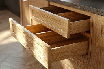 Open wooden drawers in a kitchen cabinet