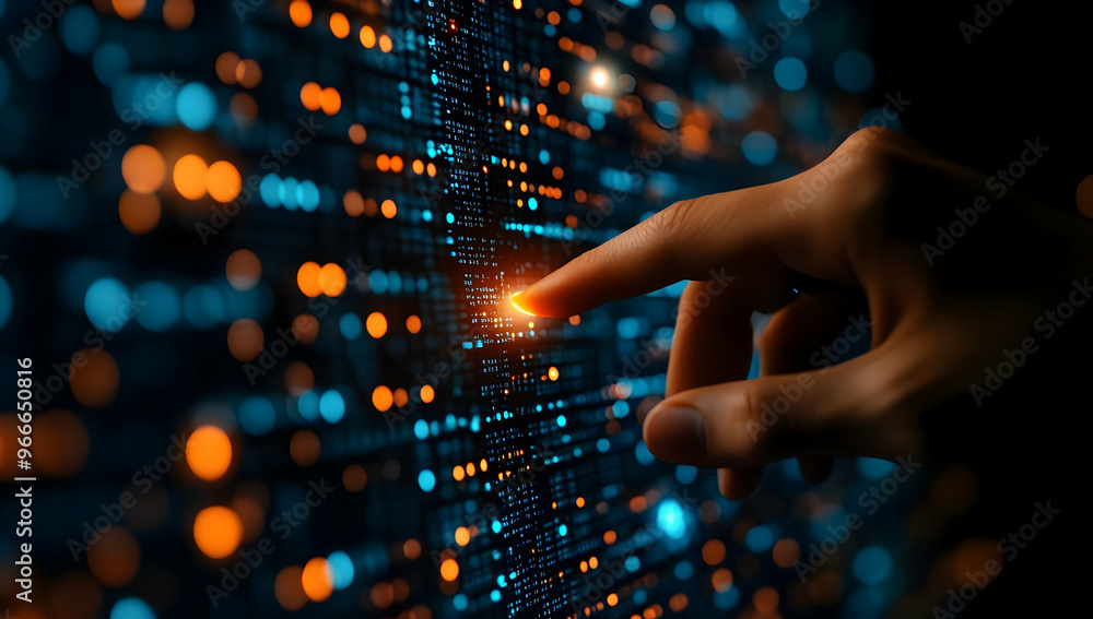 Poster a hand touching a digital interface with glowing data streams, symbolizing technology and connection