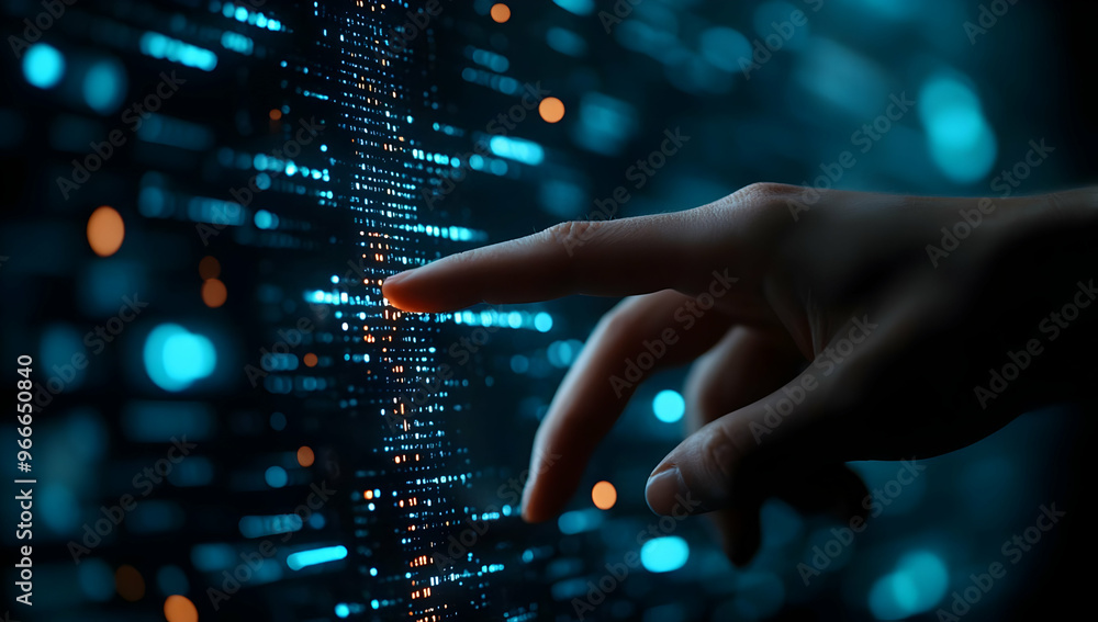Poster a close-up of a hand interacting with digital data on a glowing interface, symbolizing technology, i