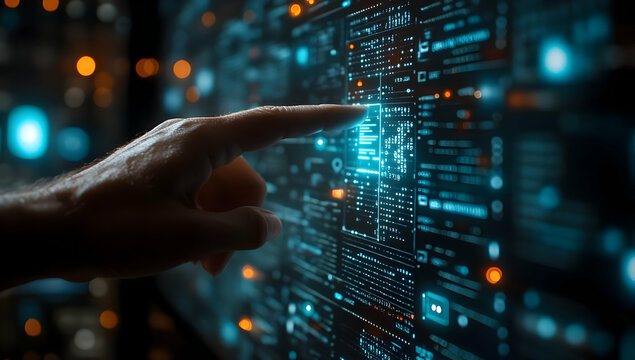 A close-up of a hand interacting with a digital interface, showcasing technology and data in an innovative environment.