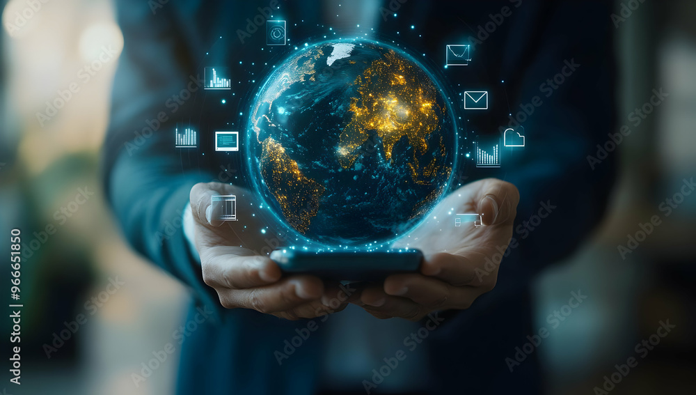 Poster a businessman holds a digital globe showcasing connectivity and technology with vibrant data visuali