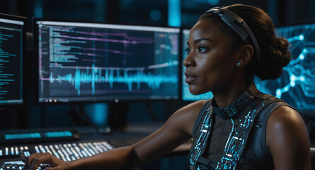 Engaged Black female working on code with holographic interface background