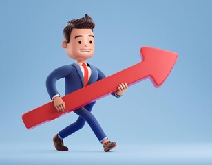 A cartoon businessman runs forward holding a large red arrow, 3d illustration