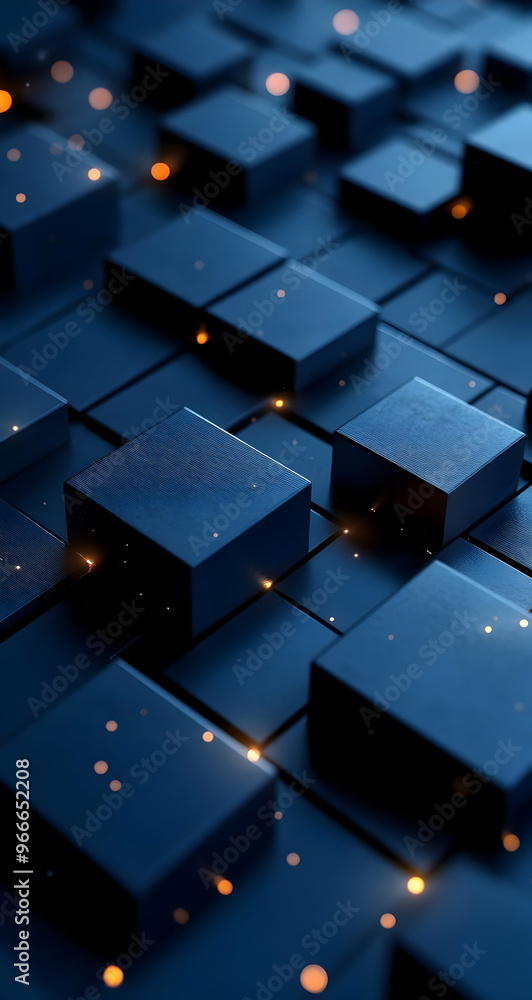 Poster abstract close-up of blue cubes with glowing particles, creating a modern and futuristic digital bac