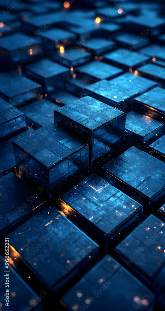 Poster a close-up view of glowing blue cubes, creating a mesmerizing digital landscape with depth and textu