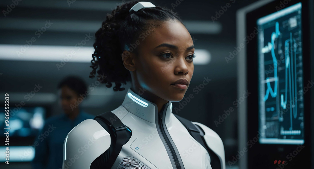 Sticker Focused Black female with wearable tech in sleek lab background