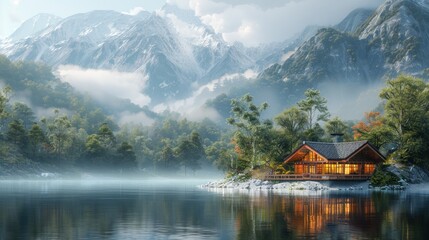 Fototapeta premium Cozy cabin by serene mountain lake