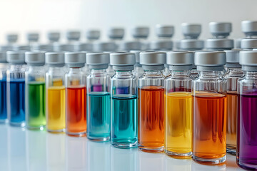 Colorful laboratory vials filled with liquids, ideal for science, chemistry, and pharmaceutical themes.
