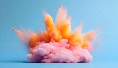 A vibrant explosion of colored powder against a blue backdrop, showcasing a mesmerizing mix of pink, orange, and purple hues.