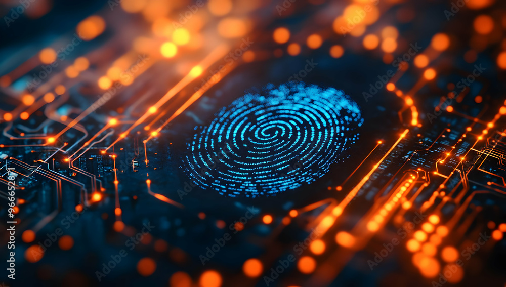 Poster close-up view of a digital fingerprint on a circuit board, highlighting technology and security conc