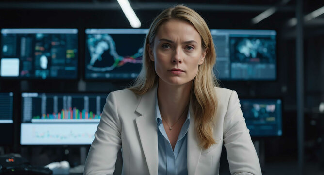 Thoughtful White female using AI software in startup space background