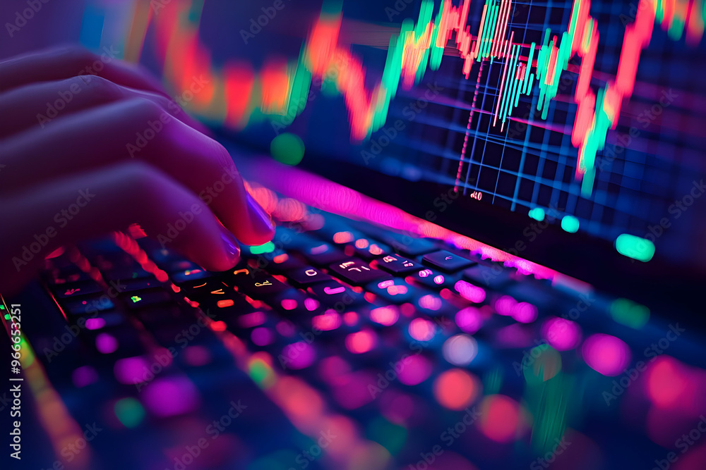 Poster a close-up view of a hand typing on a keyboard with colorful led lights, showcasing financial chart 
