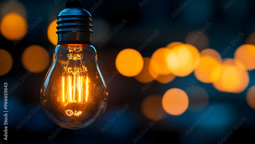 Poster a close-up of a glowing light bulb with a warm amber glow, illuminating a soft bokeh background of o