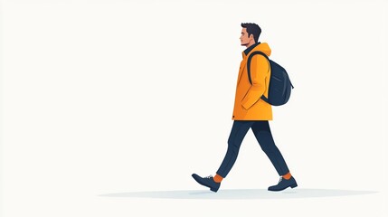 Obraz premium Man Walking in Yellow Jacket with Backpack Against Simple Background