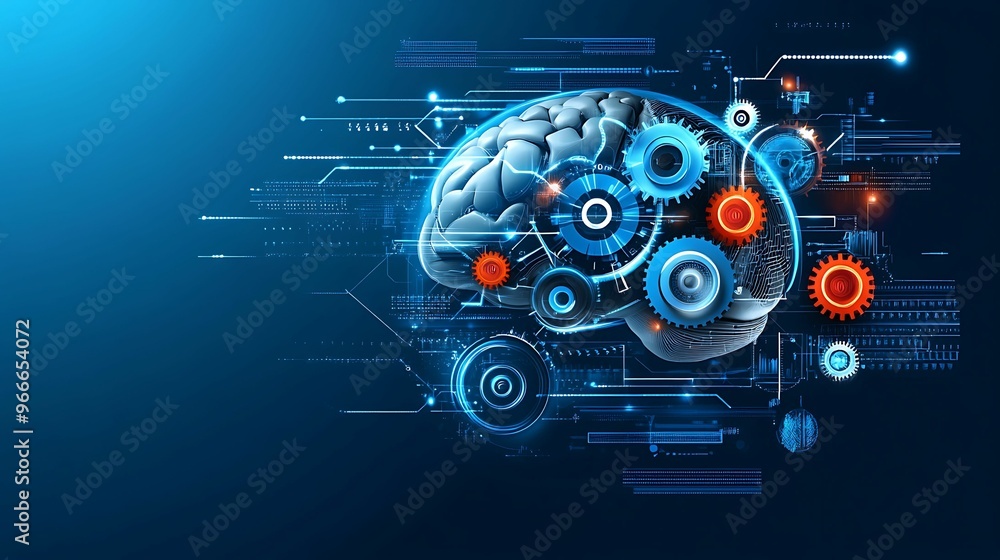 Poster digital brain: a fusion of creativity and logic with cool tones and structured lines for visualizing
