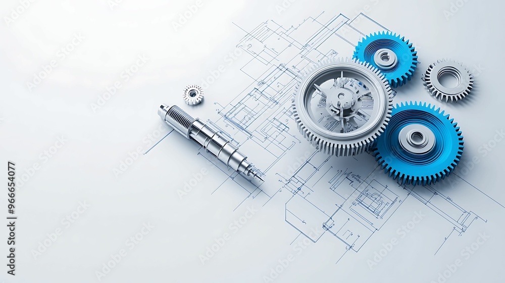 Poster creative logic concept with transparent gears overlaying design blueprint - modern aesthetic with co
