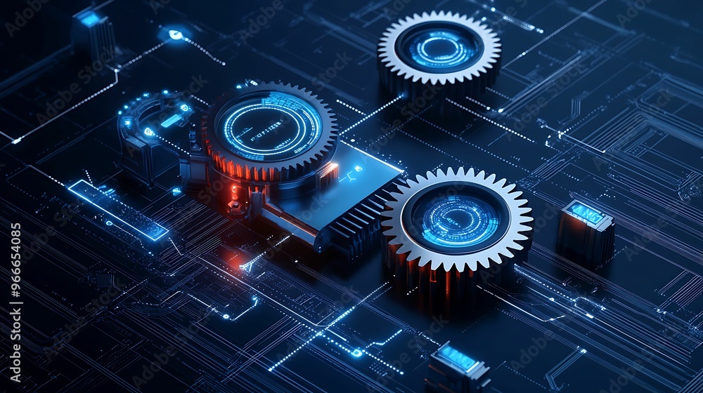 Poster symphony of creative logic: interlocked gears with digital precision in high-tech metallic tones