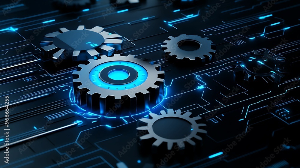 Poster futuristic technology concept with interlocking metal gears in blue light - high-tech design with co