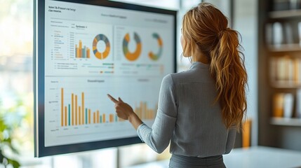 Businesswoman analyzing data visualization on a monitor in a modern office setting